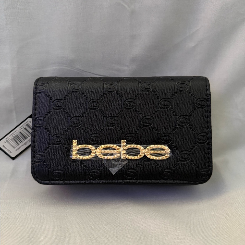 Bebe Black Purse with Gold Logo and Textured Design